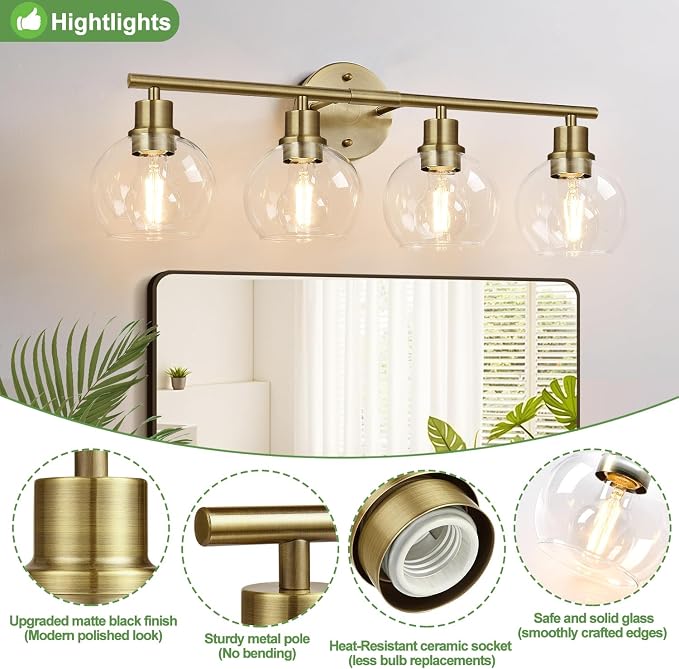 4-Light Bathroom Light Fixtures, Brushed Brass Bathroom Lights Over Mirror - Image 3
