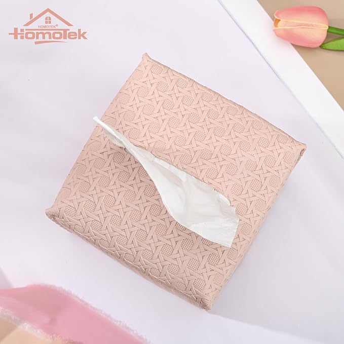 HOMOTEK 2 Pack Tissue Box Cover, Square PU Leather Tissue Holder, Decorative - Image 4