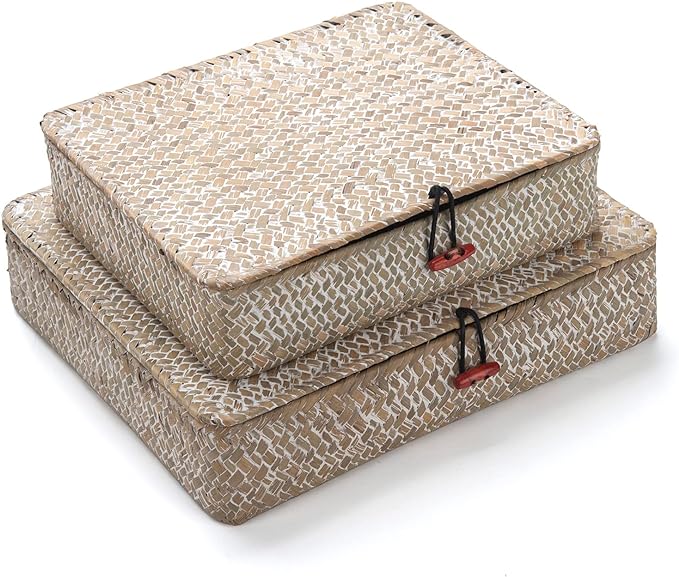 Whitewash Seagrass Basket with Lid Rectangular Decorative Storage Boxes by DECRAFTS