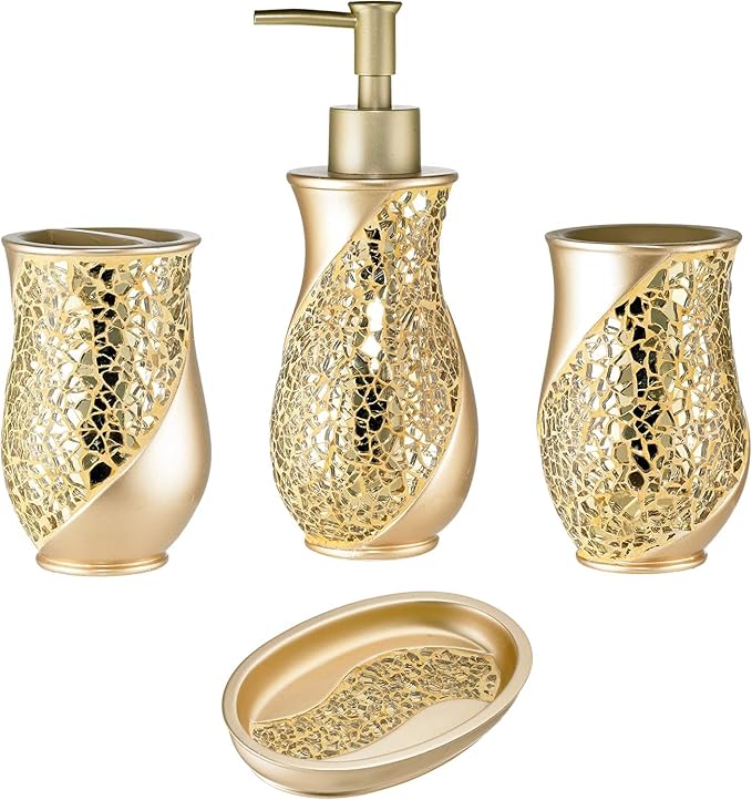 Zahari Home 4pc Sinatra Stylish Bathroom Accessories Set Champagne Gold Soap by ZahariHome