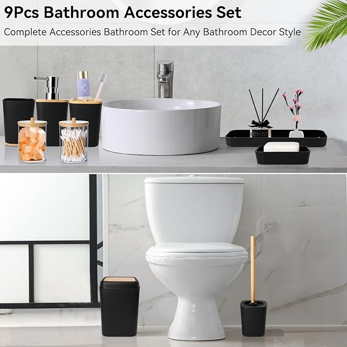 Bathroom Set Black Bathroom Trash Can, 9 Piece Bathroom Decor Toothbrush Holder - Image 7