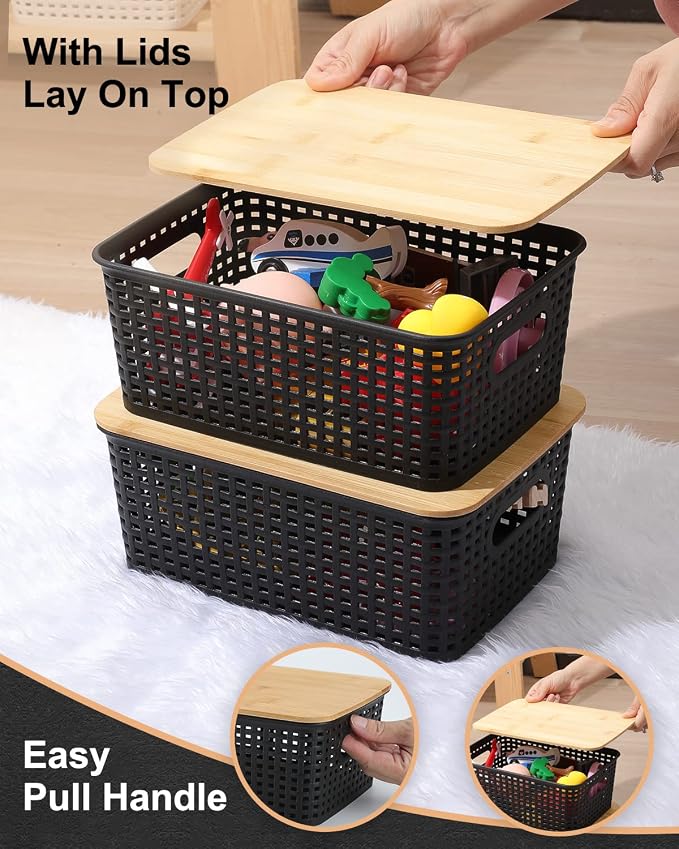 AREYZIN Storage Bins with Bamboo Lids Set of 6 Lidded Storage Container Plastic - Image 2