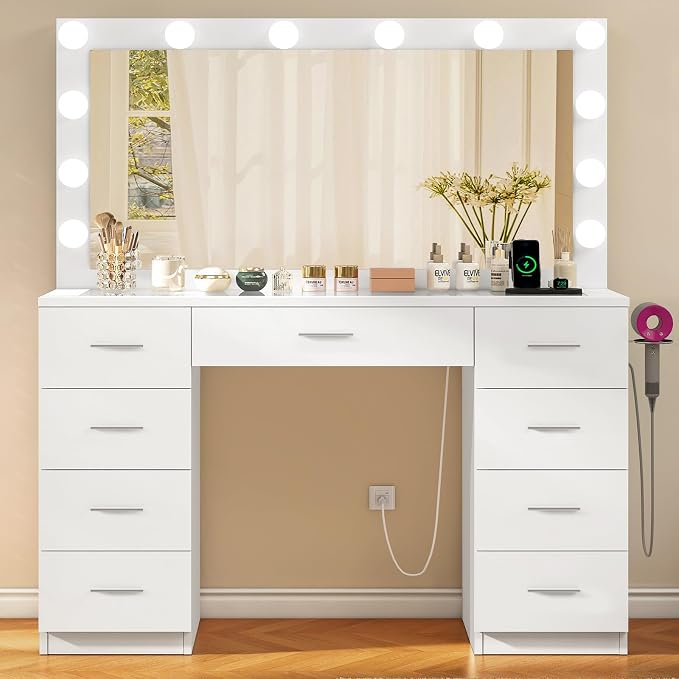Quimoo Vanity Desk with Glass Top & Large Lights Mirror, 3 Adjustable Lighting by QUIMOO