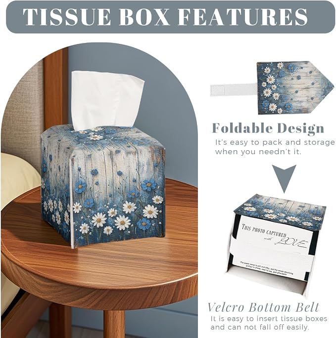 White Flowers Daisy Tissue Box Cover Rustic Floral Wooden Country Leather - Image 2