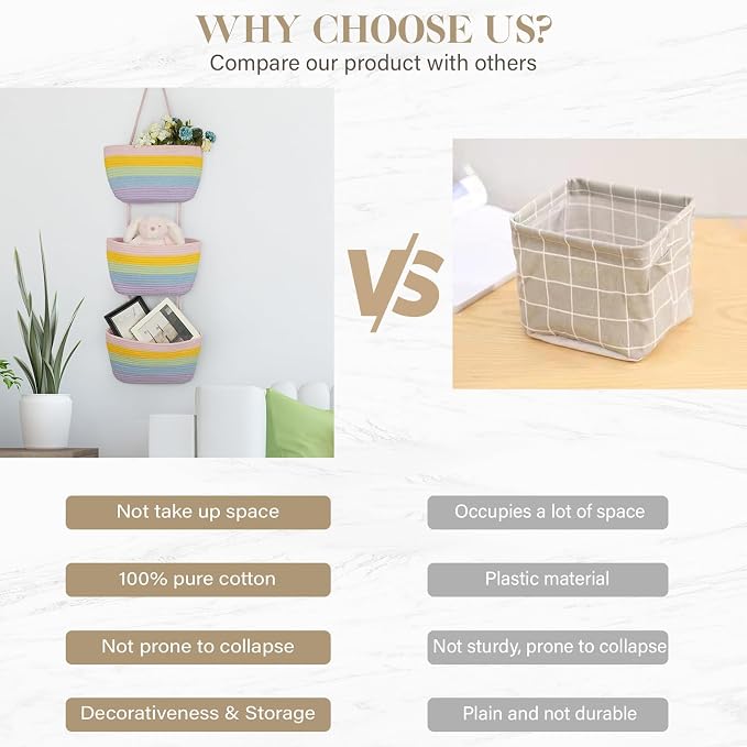 TeoKJ Over the Door Organizer, 3-Tier Woven Cotton Hanging Storage Baskets - Image 4