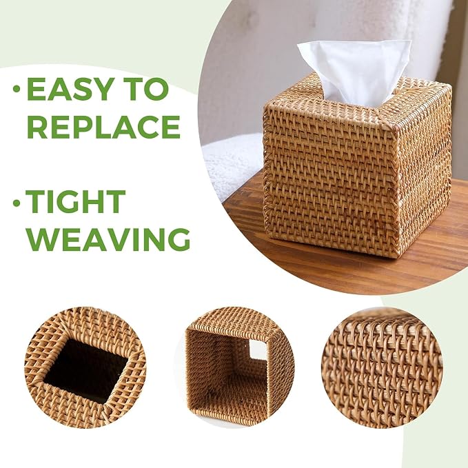 2 Pack Natural Rattan Tissue Box Cover, Hand Woven Square Wicker Holder - Image 7