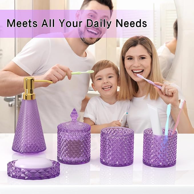Purple Glass Bathroom Accessories Set 5 Pcs, Soap Dispenser and Toothbrush - Image 2