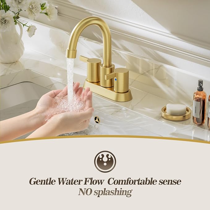 Phiestina Brushed Gold 4 Inch 2 Handle Centerset Lead-Free Bathroom Faucet 2 - Image 4