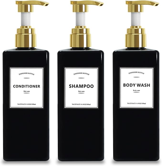 Black Shampoo Bottles with Gold Pump YACEYACE 16.9oz Set of 3 Shampoo and by YACEYACE