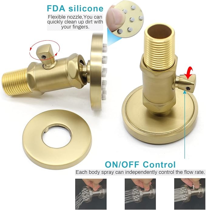 Solid Brass Shower Jets with On Off Switch Brushed Gold Round Shower Body - Image 2