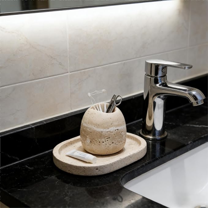 Travertine Match and Toothpick Holder Cute Beige Multi-Purpose Storage Jar - Image 8