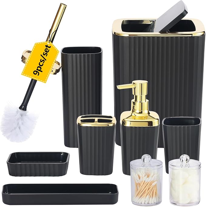 Black Bathroom Accessories Set, 9 Piece Black Bathroom Accessory Set by Viowil