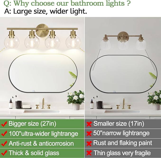 4-Light Bathroom Light Fixtures, Brushed Brass Bathroom Lights Over Mirror - Image 2