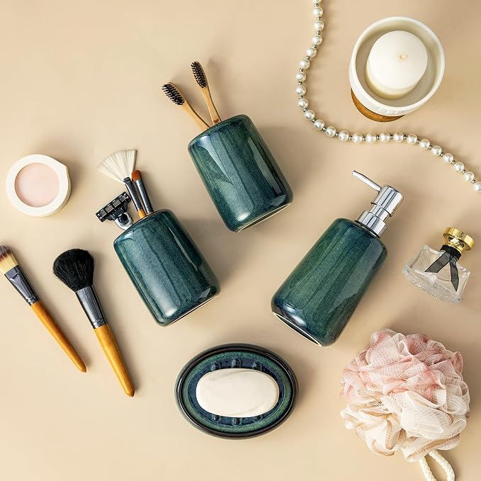 vancasso Green Bathroom Accessories Set, Ceramic Soap Dispenser and Toothbrush - Image 6