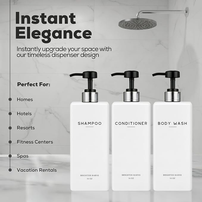 White Shampoo and Conditioner Dispenser Set by Brighter Barns - Image 2