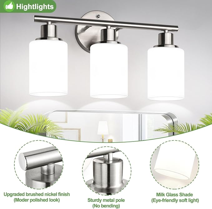 3-Light Bathroom Light Fixtures, Brushed Nickel Vanity Light, Farmhouse Wall - Image 7