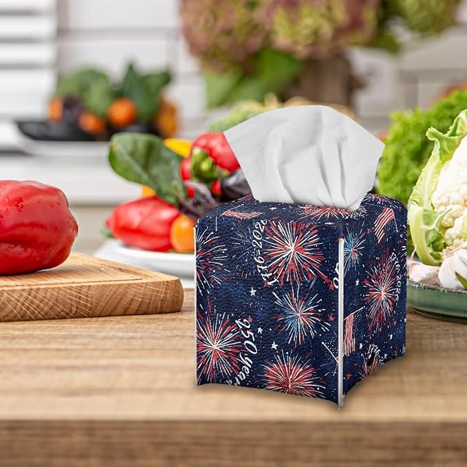 Firework USA Flag Tissue Box Holder Waterproof PU Leather Square Modern Tissue - Image 5