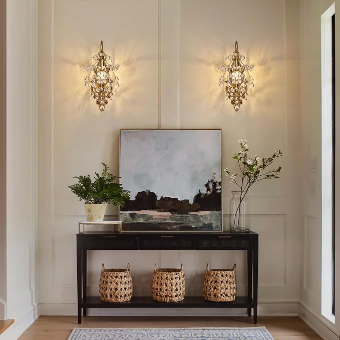 Gold Crystal Vintage Wall Sconces Set of 2 Indoor Hardwired Wall Light Fixture - Image 7