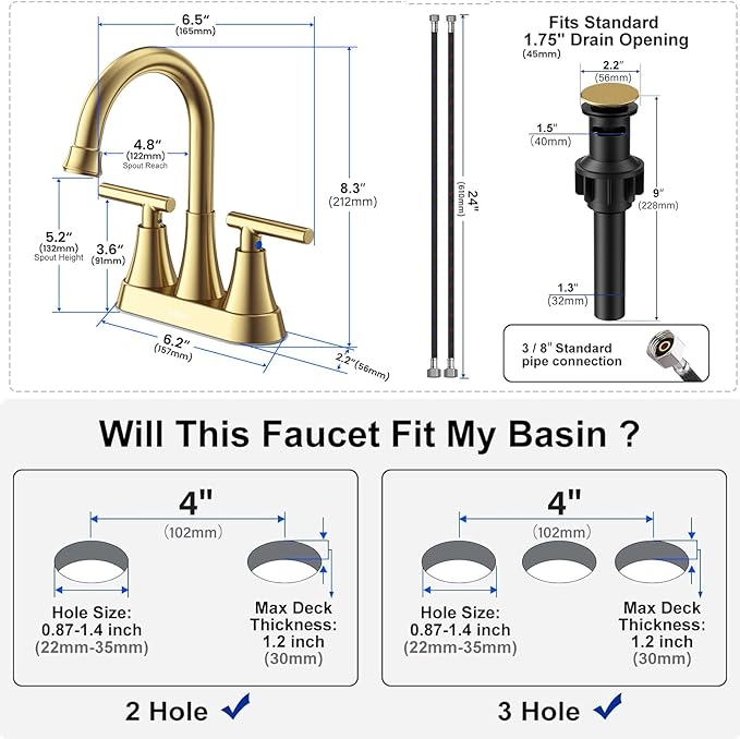 Bathroom Faucets for Sink 3 Hole, Hurran 4 inch Brushed Gold Bathroom Sink - Image 3