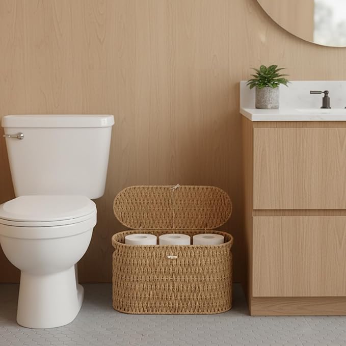 Toilet Paper Basket with Lid, Paper Rope Decor Basket - Image 2