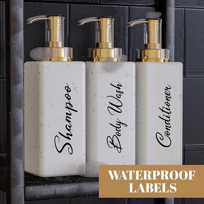 Akalin Refillable Shampoo and Conditioner Bottles, 16oz White and Gold Soap - Image 5