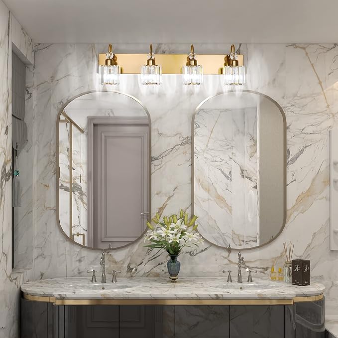 Ralbay Brass Gold Vanity Lights 4-Lights Crystal Bathroom Lighting Fixtures - Image 4