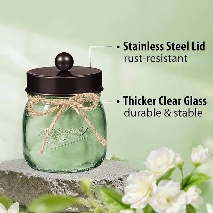 SheeChung Green Glass Qtip Holder Dispenser, Mason Jar Apothecary Jars - Image 6