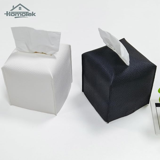 HOMOTEK 2 Pack Tissue Box Cover, Square PU Leather Tissue Holder, Decorative - Image 6