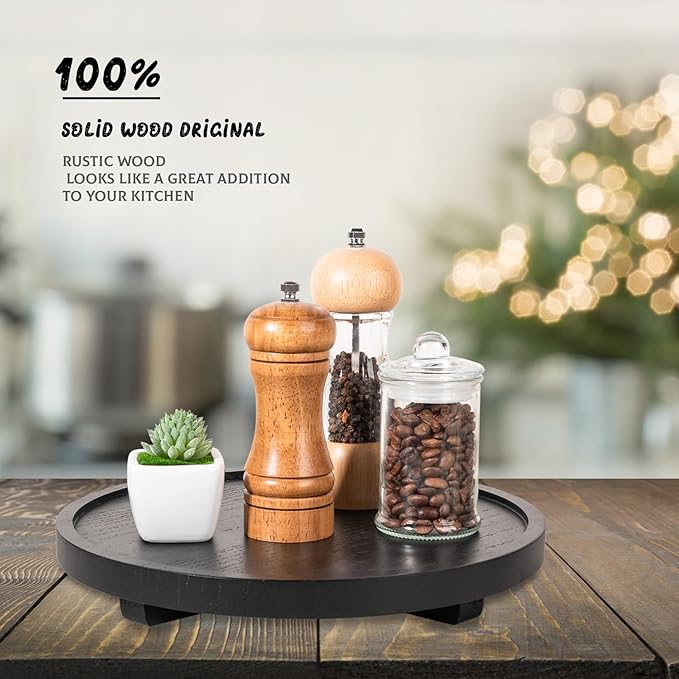 Round Decorative Tray Wood Bathroom Counter Organizer Farmhouse Kitchen Decor - Image 2