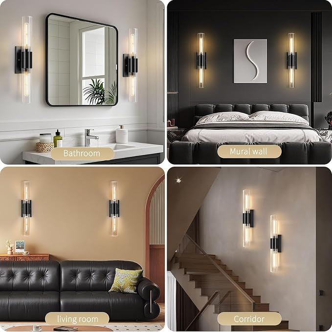 Bathroom Wall Sconces Set of Two Black, Hallway-Black Clear - Image 3