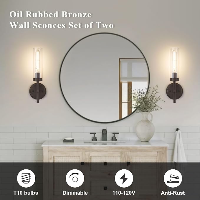 Oil Rubbed Bronze Wall Sconces Set of Two, Bathroom Wall Sconces Vanity Lights - Image 2