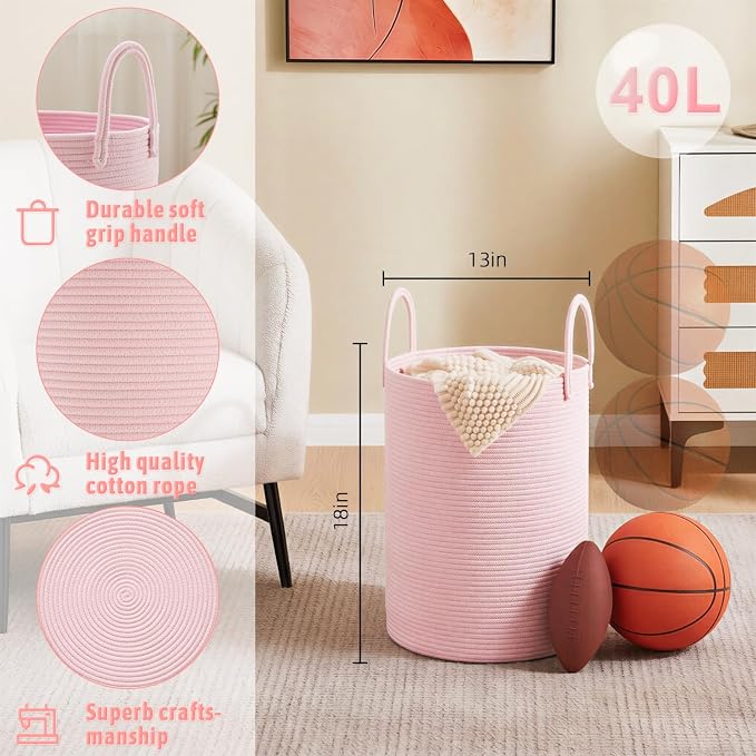 Laundry Basket, Woven Cotton Rope Laundry Hamper, 40L - Image 6