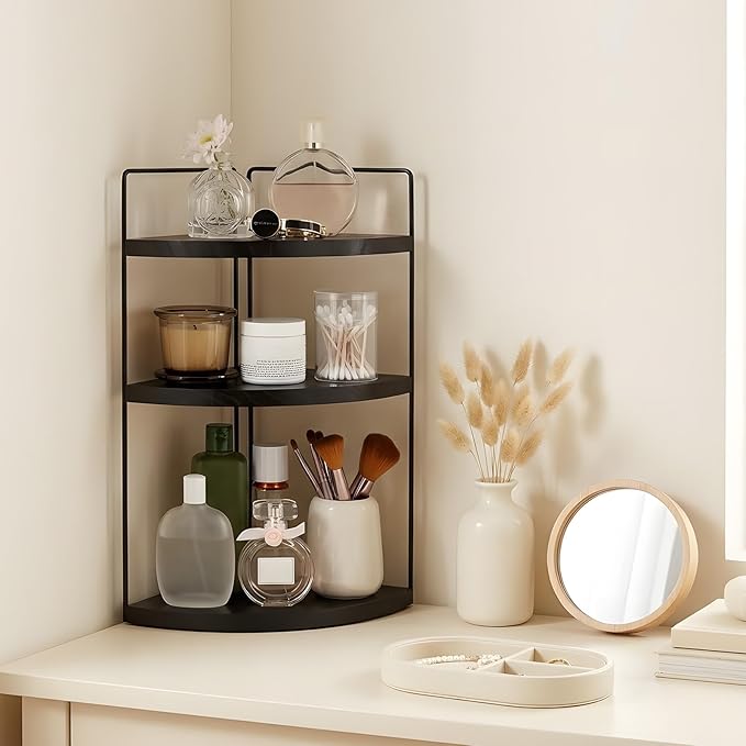 Corner Bathroom Counter Organizer Countertop Black, 3-Tier Corner Shelf Wood - Image 2