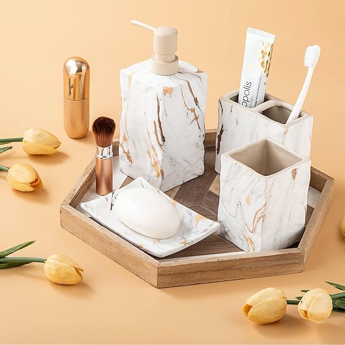 Bathroom Accessories Set 4 Pcs Marble Look Sets Toothbrush Holder Soap - Image 7