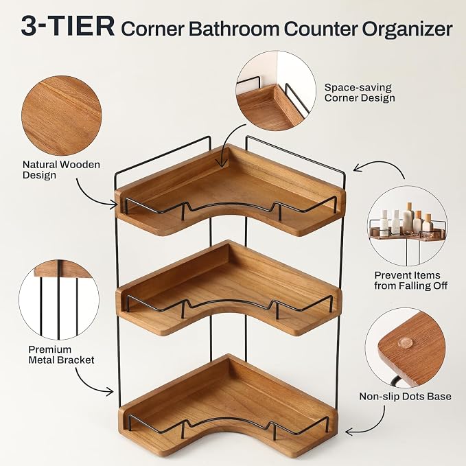 3-Tier Bathroom Counter Organizer, Wooden Corner Shelf - Image 3