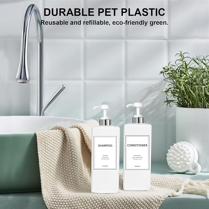 Modern Silver Shampoo and Conditioner Dispenser Refillable Pump Bottle Set - Image 4