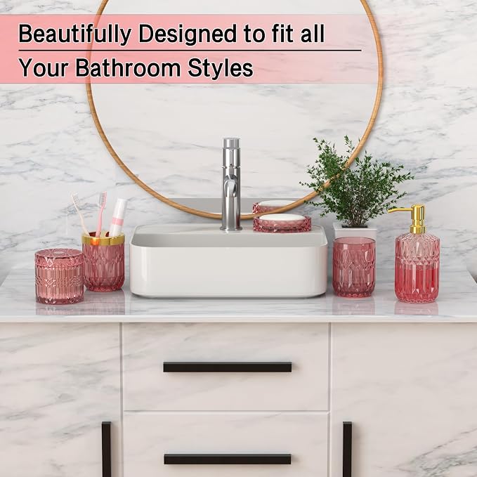 New Pink Glass Bathroom Accessories Set 5 Pcs, Soap Dispenser and Toothbrush - Image 5