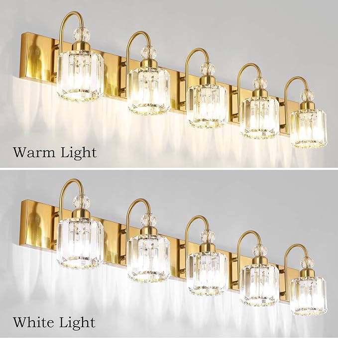 Ralbay Crystal Vanity Lights 5-Lights Brass Gold Over Mirror Modern Bathroom - Image 4