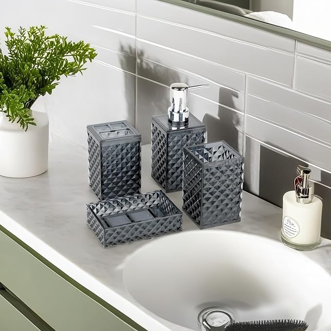 Bathroom Accessories Set, Diamond Pattern Soap Dispenser and Toothbrush Holder - Image 7