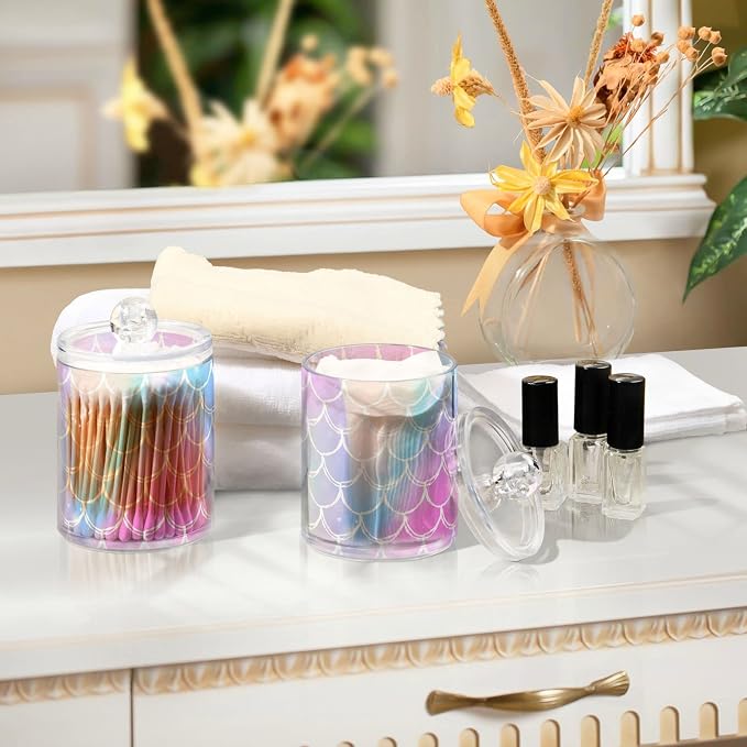 2 Pack Qtip Holder Dispenser for Cotton Ball Rainbow Scales Mermaid Cotton Swab - Image 7