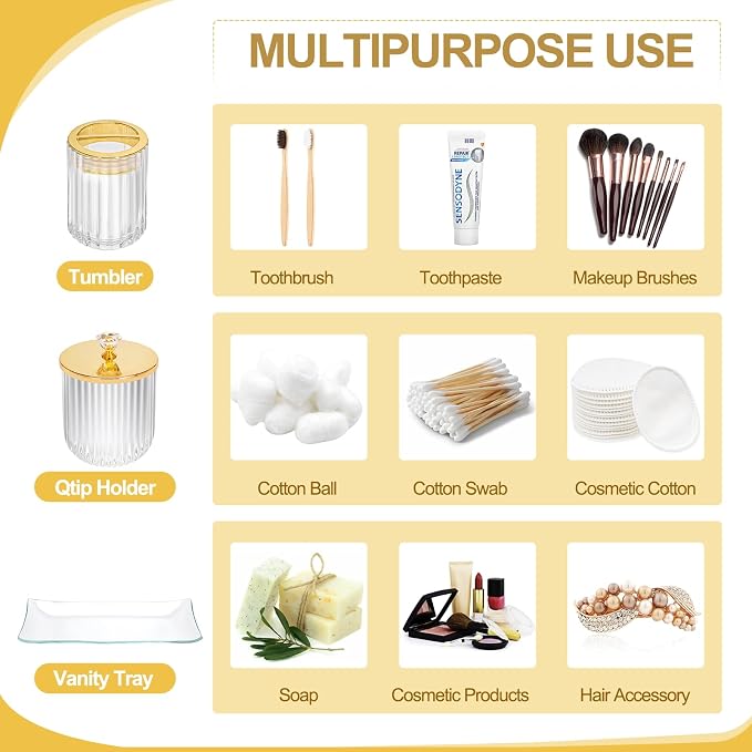 Gold Bathroom Accessories 4Pcs of Glass Bathroom Counter Organizer Set - Image 3