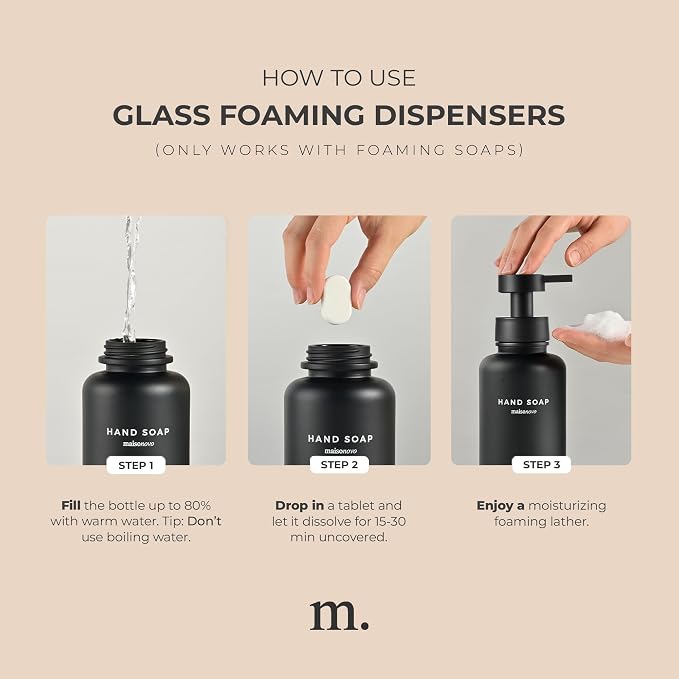 MaisoNovo Glass Foaming Soap Dispenser 14 Oz | Black Glass Black Pumps x 2 - Image 7
