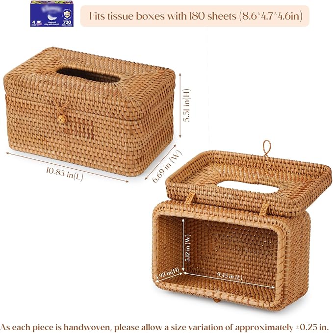 Rattan Rectangular Tissue Box Cover, 10.8" x 6.7" x 5.5", Decorative Woven - Image 3