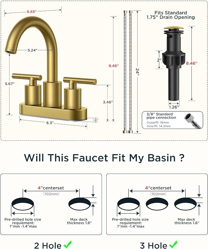 FORIOUS 4" Brushed Gold Bathroom Faucet Centerset 4 Inch, 2 Handle 2 Hole Gold - Image 8