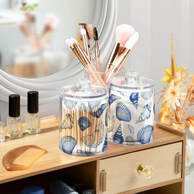 2 Pack Qtip Holder Dispenser for Cotton Ball Blue Seashells Ocean Nautical - Image 2