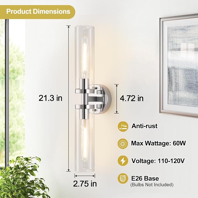 Wall Sconces Set of Two, Chrome Bathroom Sconces Wall Lighting - Image 4
