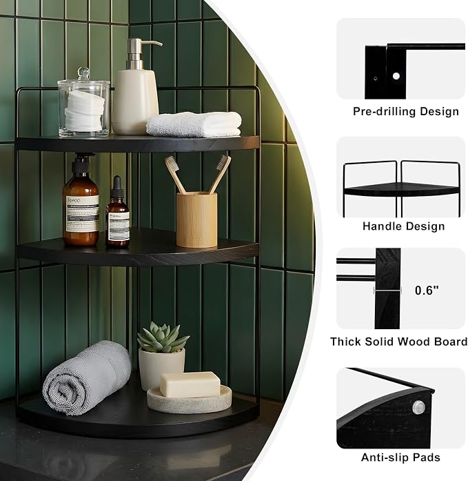 Corner Bathroom Counter Organizer Countertop Black, 3-Tier Corner Shelf Wood - Image 6