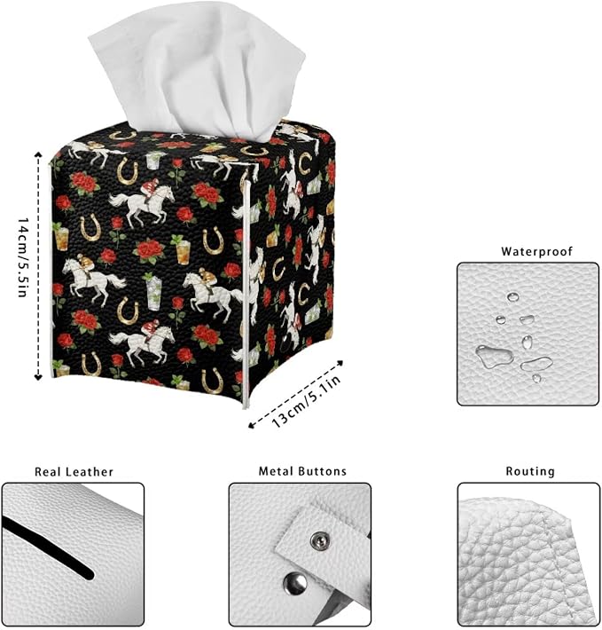 Rose Racing Horse Decorative Tissue Box Cover, Waterproof PU Leather Square - Image 7