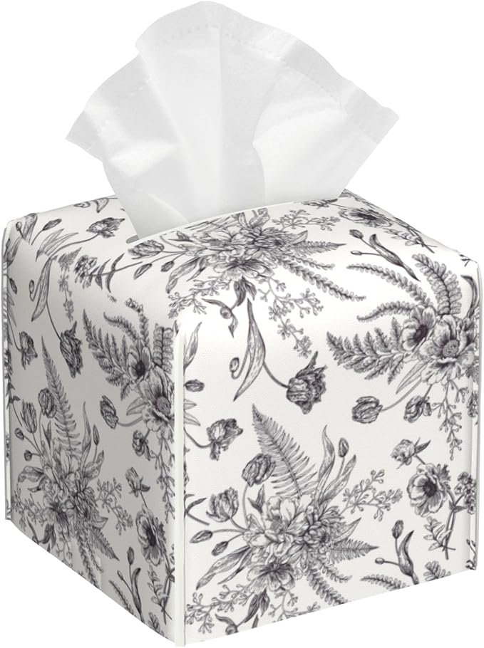Black and White Flowers Tissue Box Cover Square, Vintage Floral Plant Leaves by sndheke