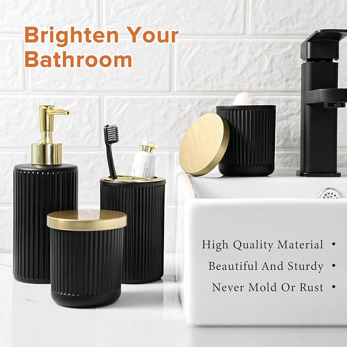 Matte Black and Gold Bathroom Accessories Set, 4 Pack Glass Bath Accessory Sets - Image 5